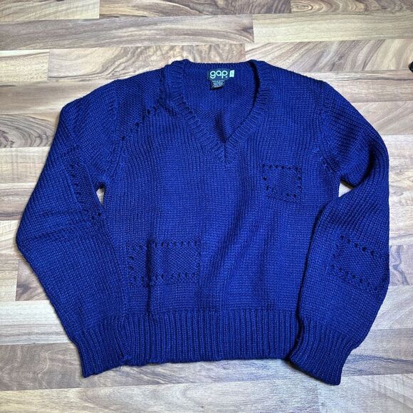 Vintage GAP Chunky Knit V Neck Sweater 1970s Size Large Navy Blue - Picture 1 of 5